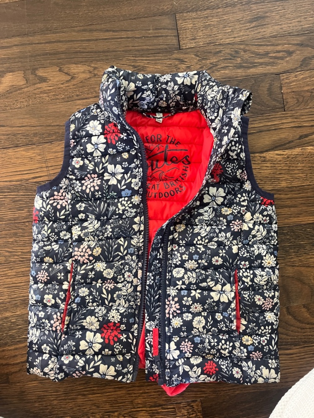 Joules Navy Floral Puffer Vest with Red Lining